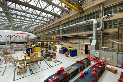 Indirect gas-fired recirculation AHU inside Heathrow British Airways hangar