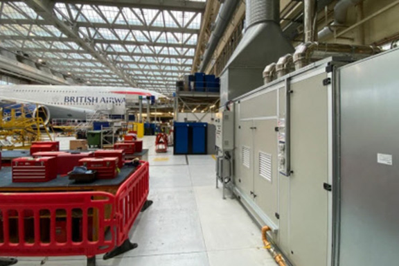 Indirect gas-fired recirculation AHU inside Heathrow British Airways hangar